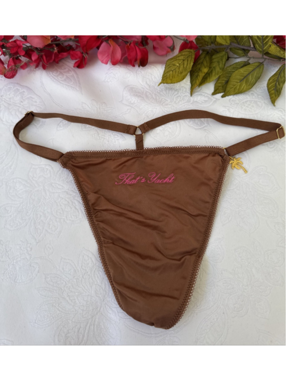 VICTORIA'S SECRET XL BROWN SILKY V STRING STRAPPY THONG CHARM YACHT PANTIES NWT